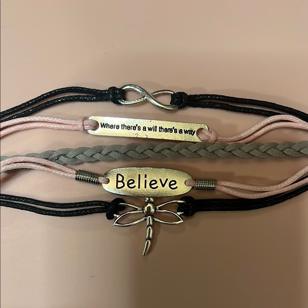 Inspirational Multi-Layer Bracelet Set - Black, Pink, silver